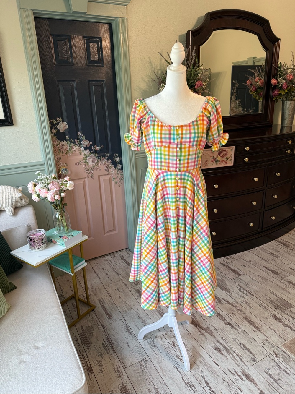 Plaid Midi Dress with Puff Sleeves in Pastel Multi